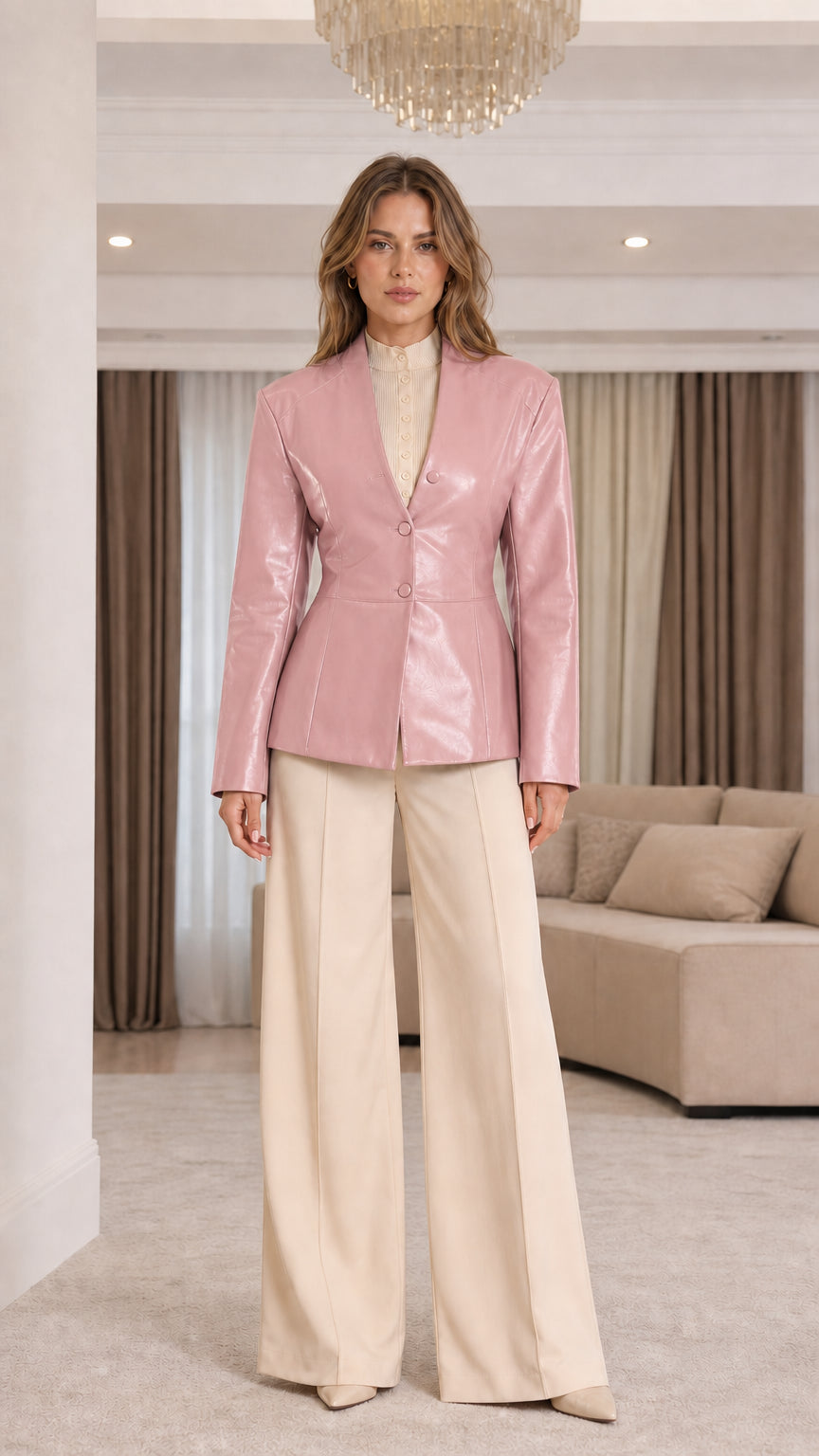 Front view of model wearing Blush Pink collarless faux leather blazer