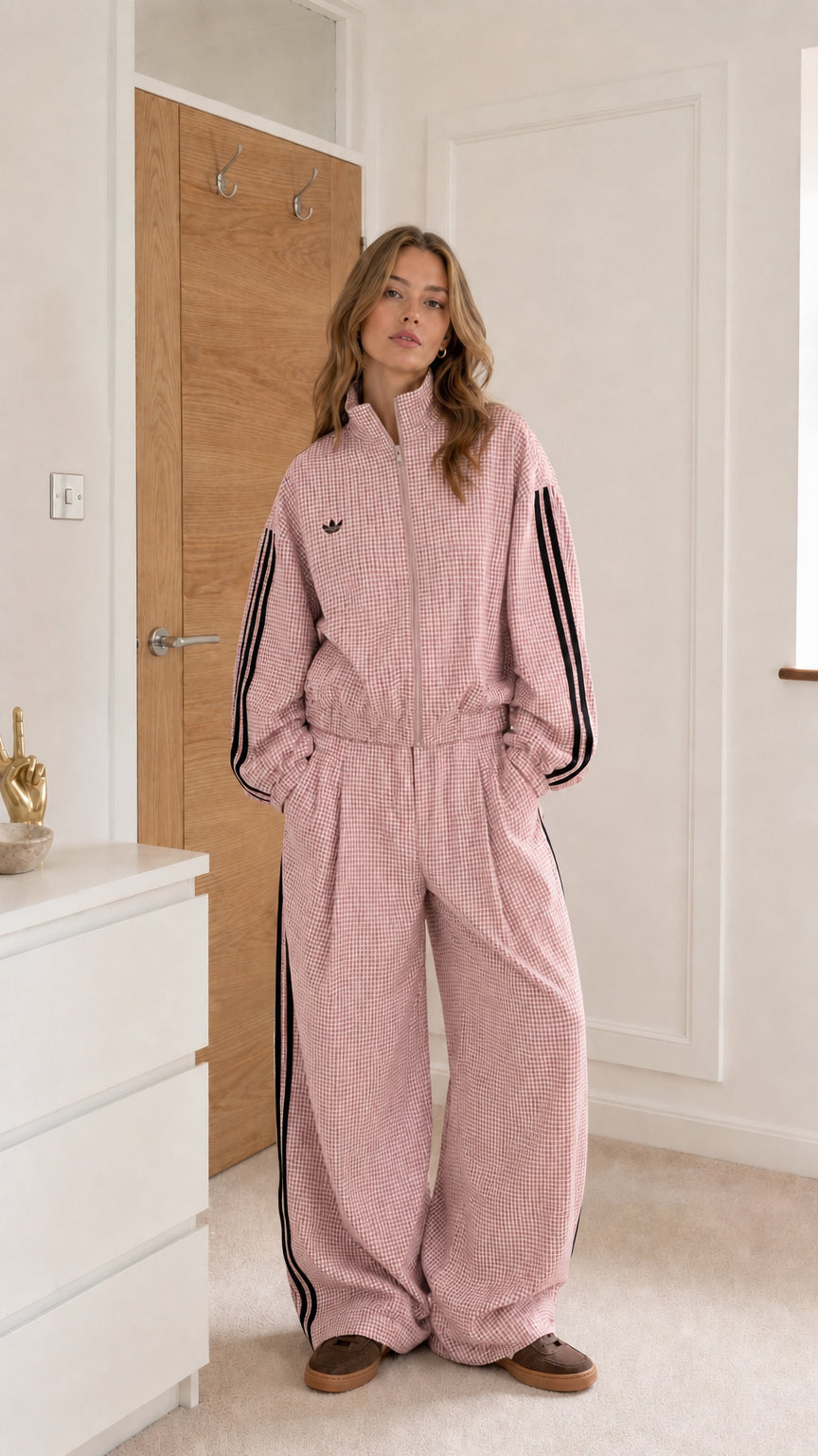Pink gingham women's track stripe jumpsuit shown from the front