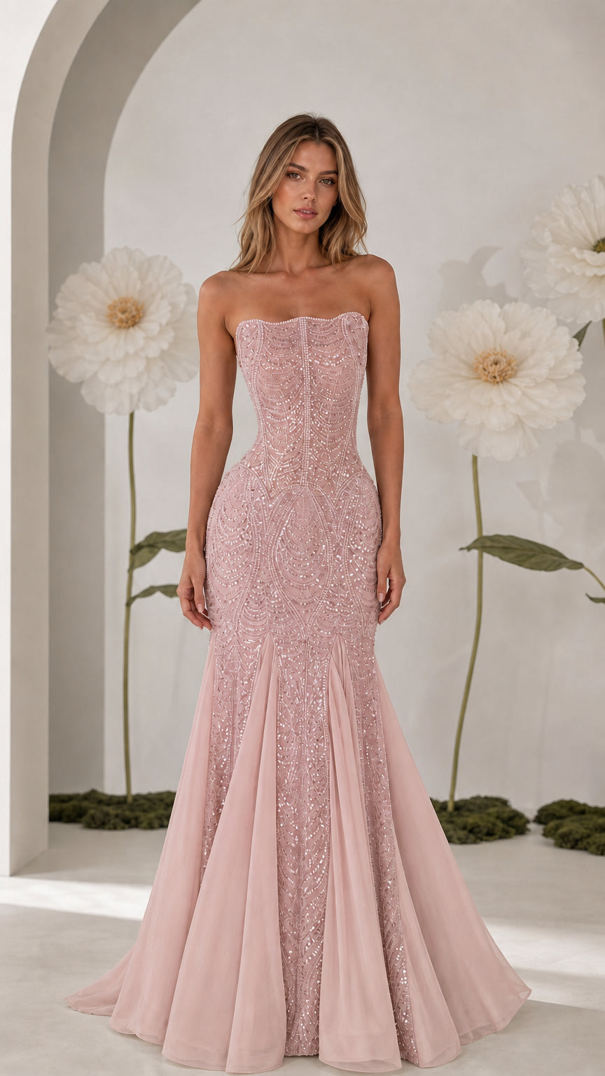 Front view of strapless blush pink beaded sequin mermaid gown