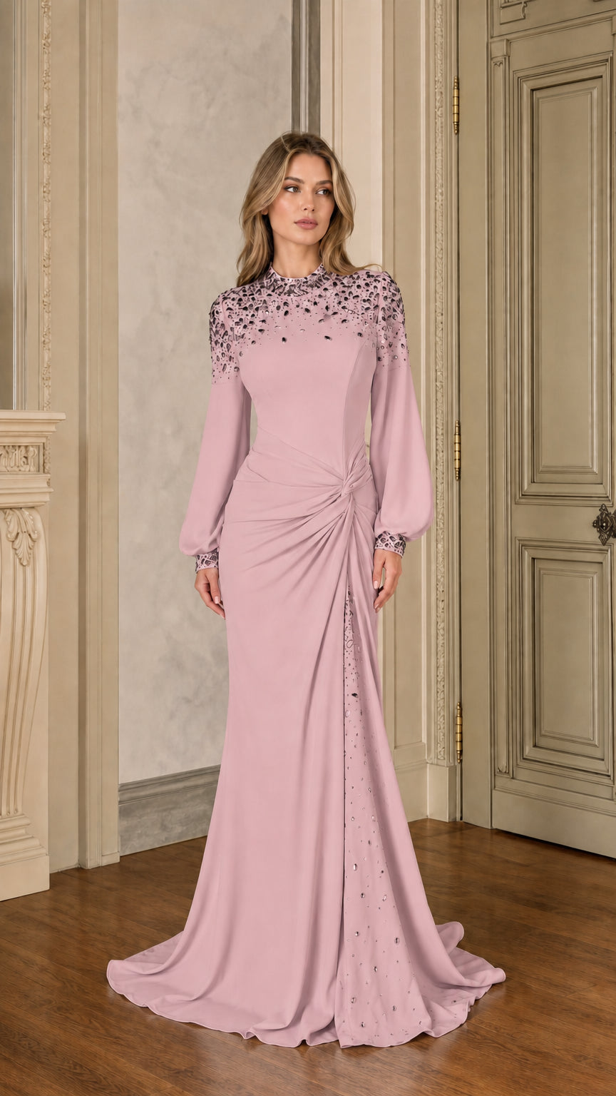 Dusty Pink modest embellished long sleeve evening gown
