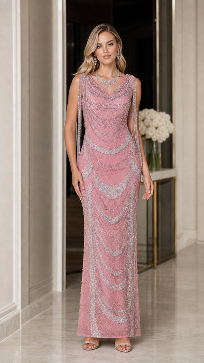 Dusty Rose sleeveless sequin maxi evening gown with draped shoulder accents
