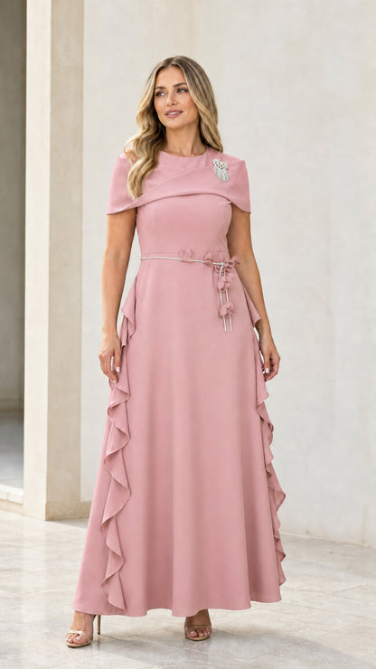 Dusty pink elegant ruffle trim formal maxi gown