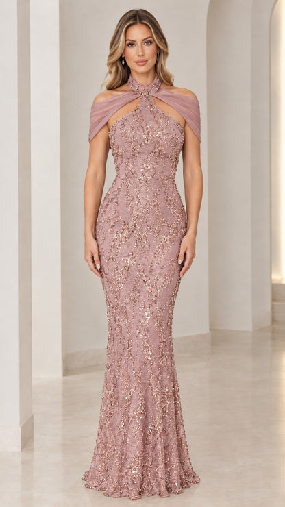 Dusty Rose sequin lace floor-length halter evening gown