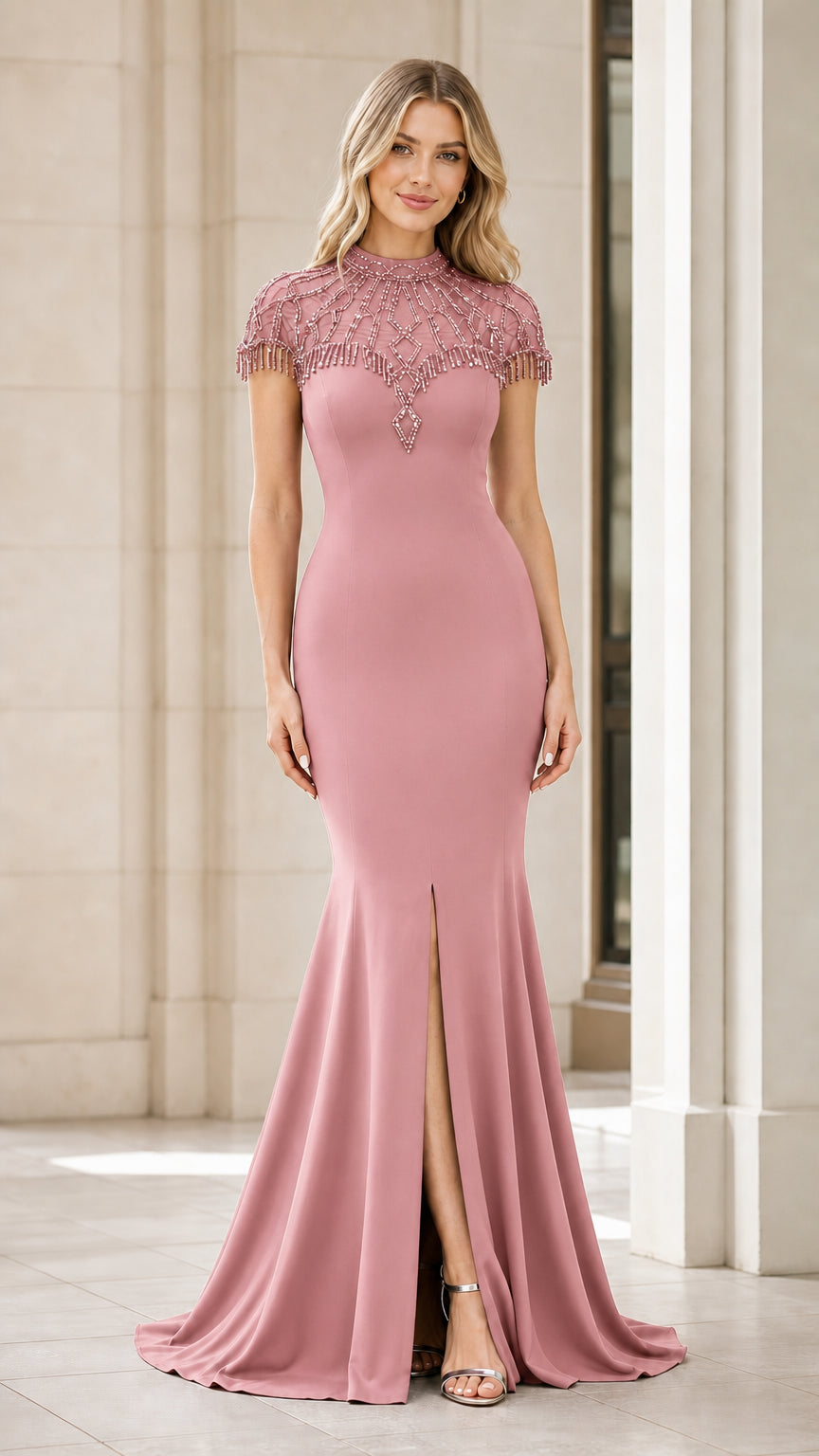 Dusty Pink Beaded Cap Sleeve Mermaid Formal Maxi Gown