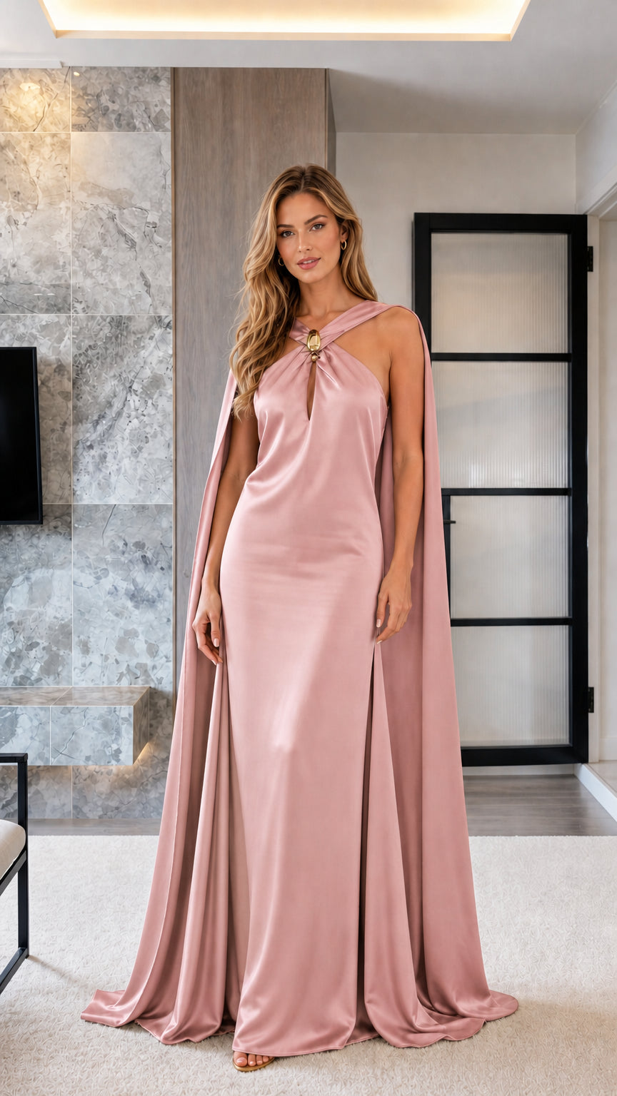 Full length view of blush pink satin cape formal dress