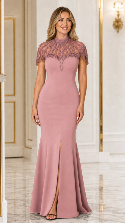 Dusty rose beaded high neck mermaid evening gown with slit