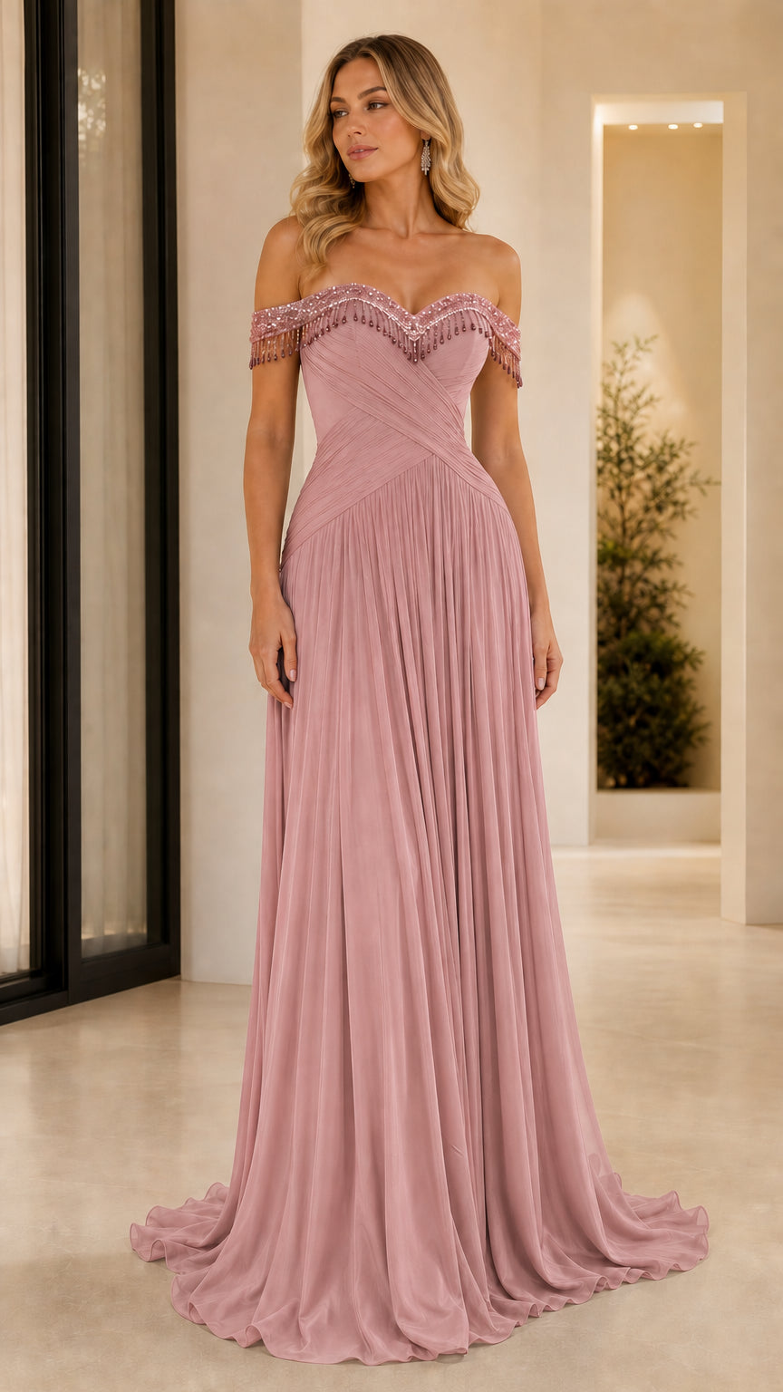 Front view of dusty rose off-the-shoulder formal evening dress with ruched bodice