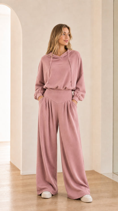 Full-body view of model wearing dusty rose pink 2-piece wide-leg hoodie set