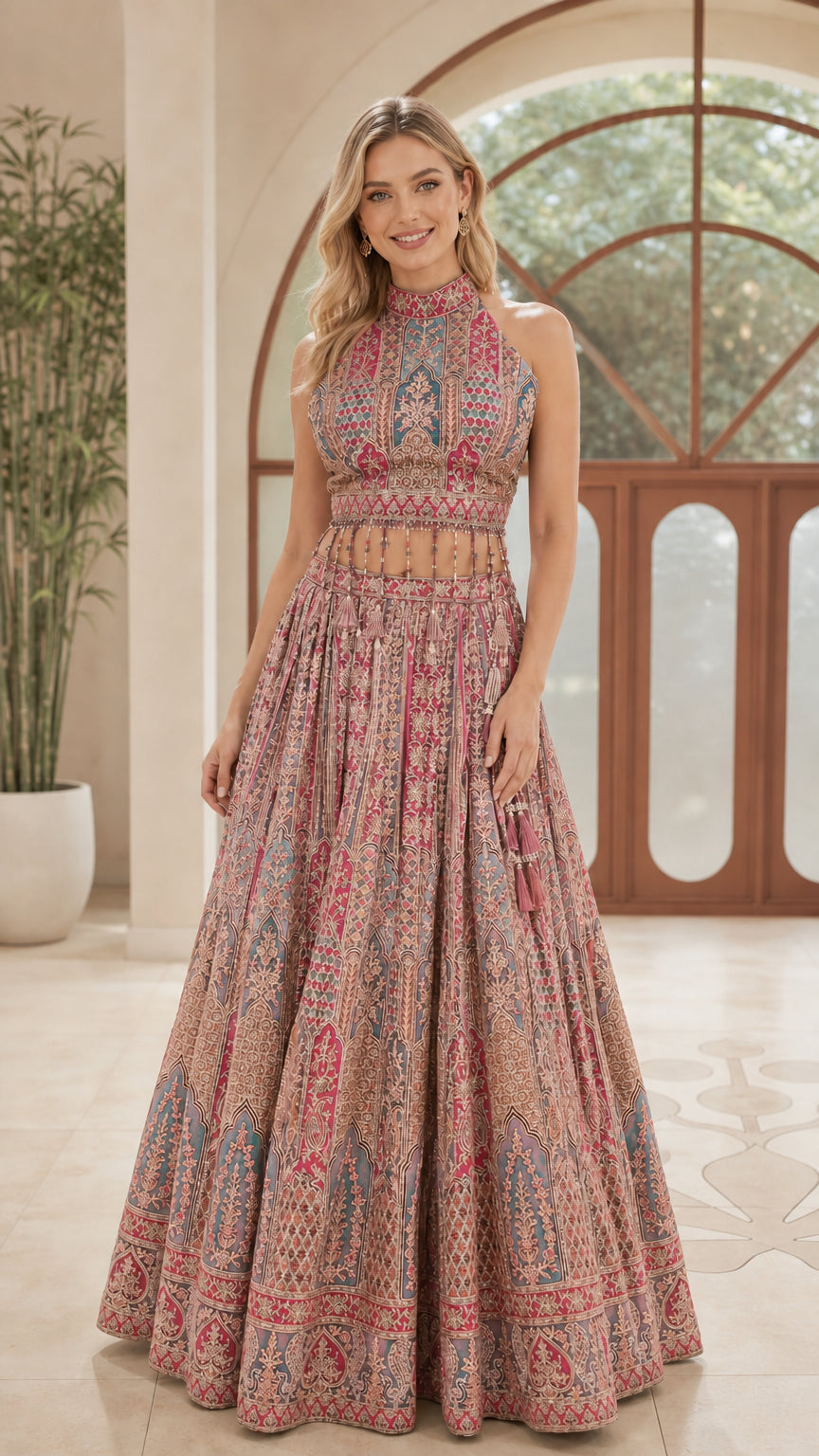 Model wearing Dusty Pink embroidered halter crop top and maxi skirt set