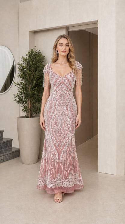 Blush pink sequin formal gown with fringe sleeve detail