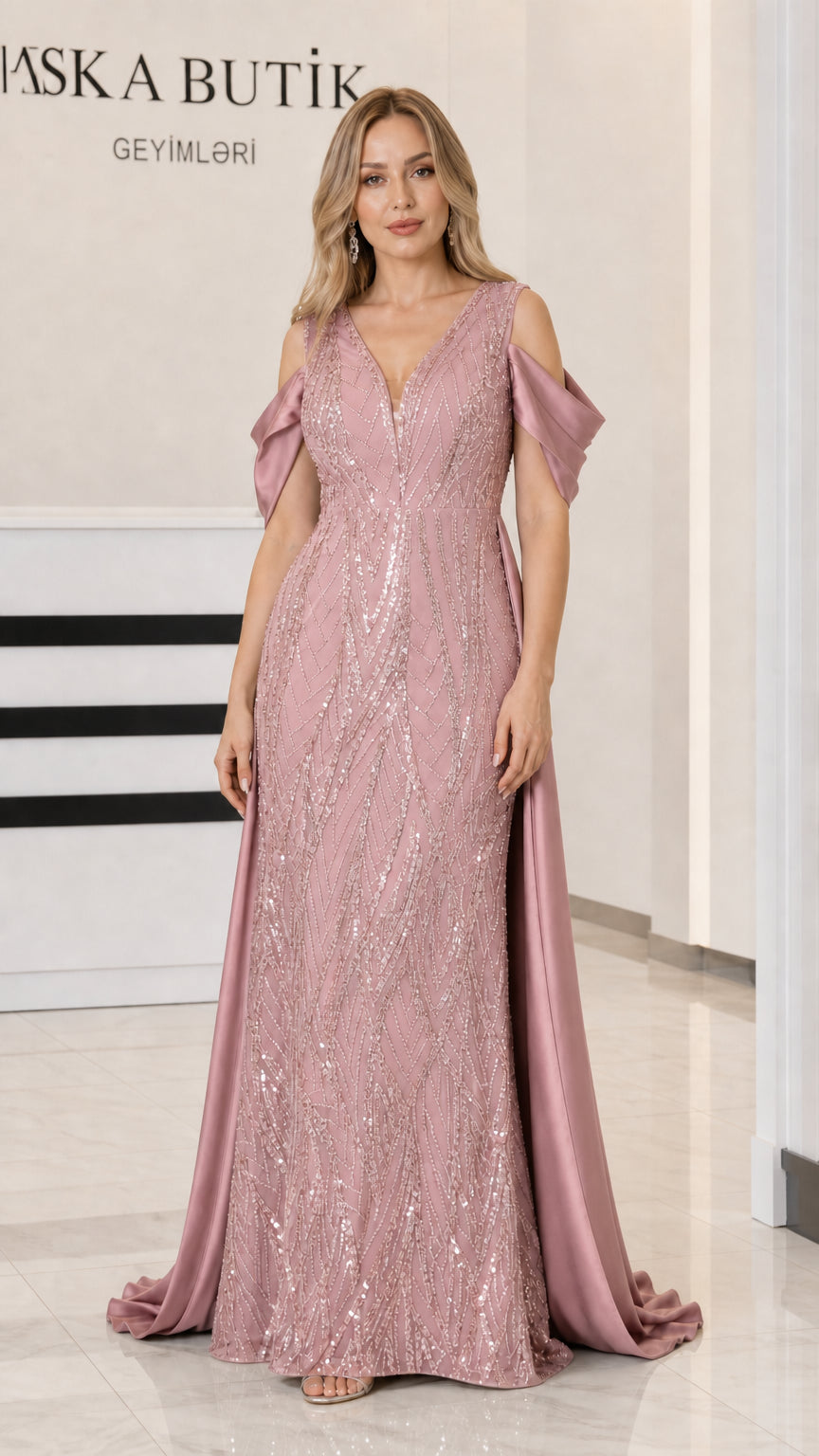 Front view of Dusty Pink sequin formal gown with draped satin train