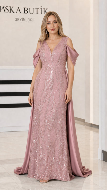 Front view of Dusty Pink sequin formal gown with draped satin train