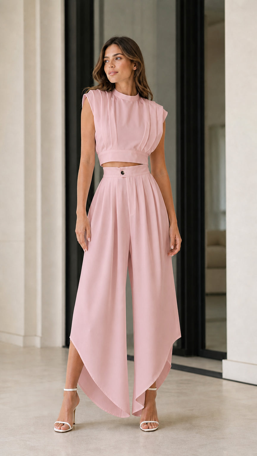 Dusty pink pleated mock neck crop top and wide-leg pants co-ord set