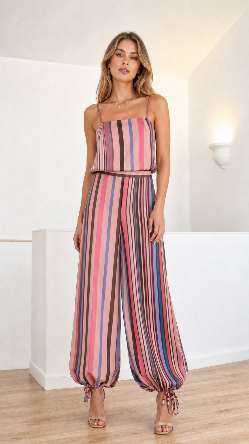 Model wearing rose pink and multi-colored striped sleeveless jumpsuit