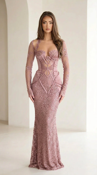 Dusty Rose corset lace long sleeve evening gown with sequin skirt
