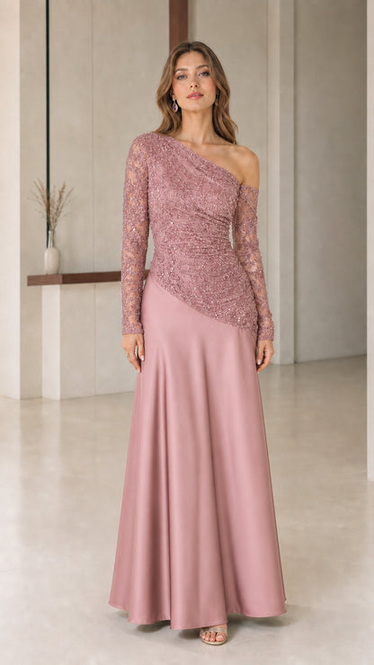 Dusty rose one-shoulder sequined lace bodice maxi dress
