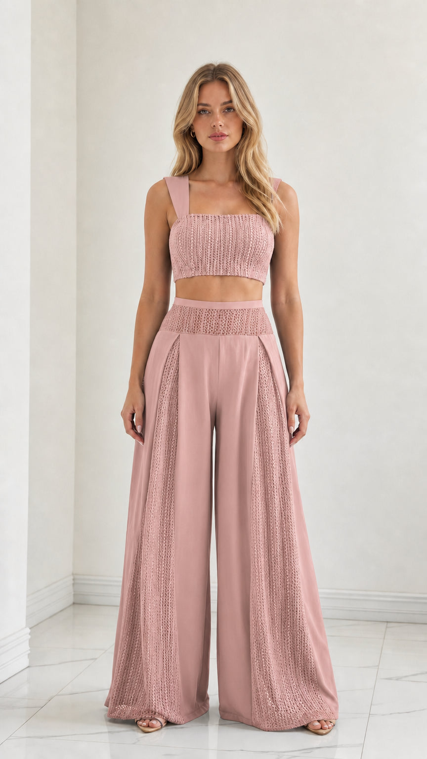 Model wearing Dusty Pink textured crop top and palazzo pants matching set