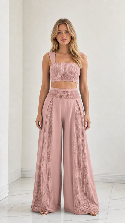 Model wearing Dusty Pink textured crop top and palazzo pants matching set