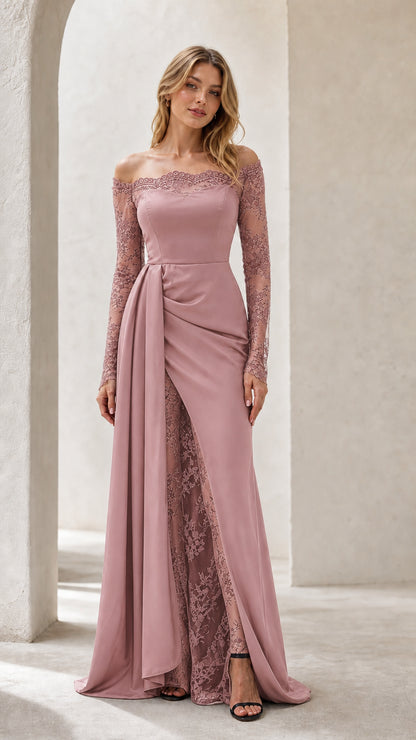 Dusty Rose off-the-shoulder lace long sleeve formal evening gown
