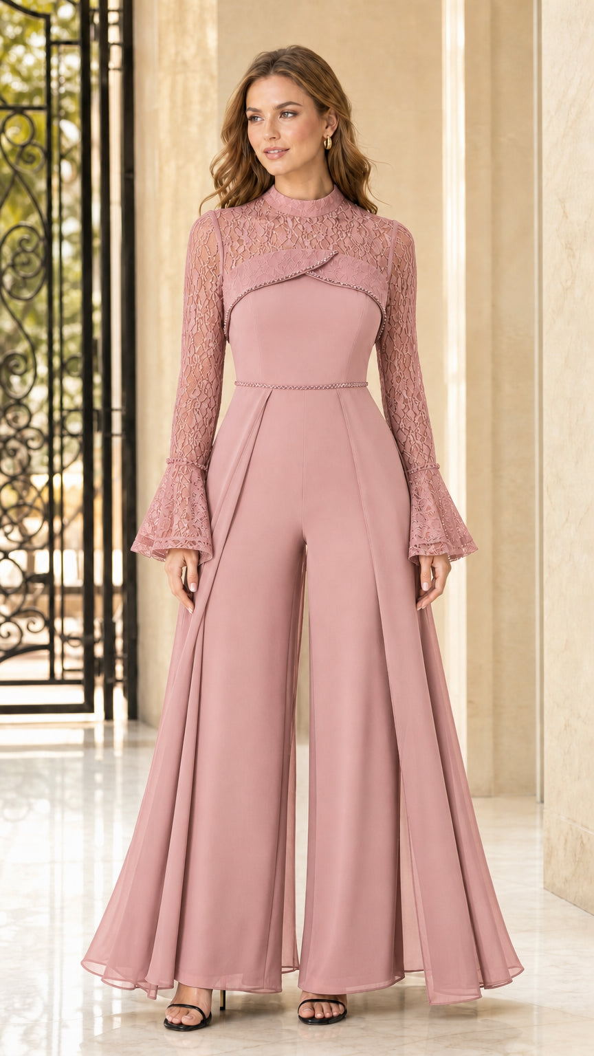 Full front view of dusty rose pink lace bell sleeve wide-leg formal jumpsuit
