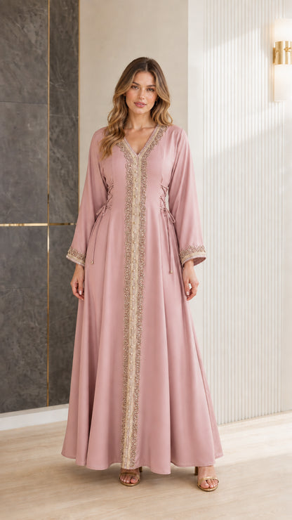 Dusty pink gold embroidered modest maxi dress front view