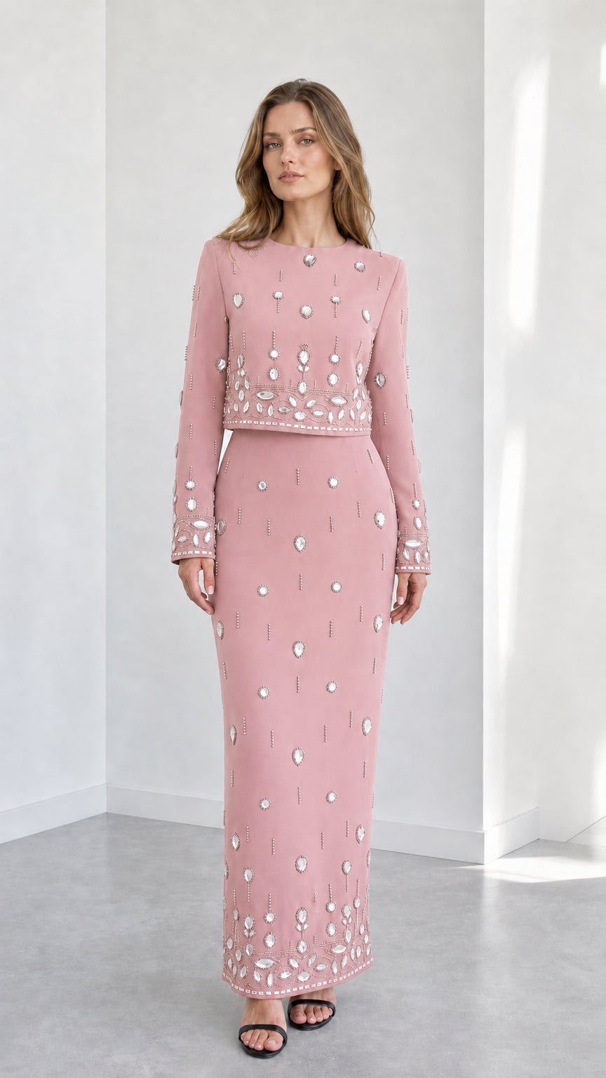 Dusty pink long sleeve rhinestone embellished top and maxi skirt two-piece formal set