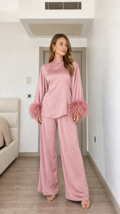 Dusty pink satin matching top and wide-leg trousers set with feather trim
