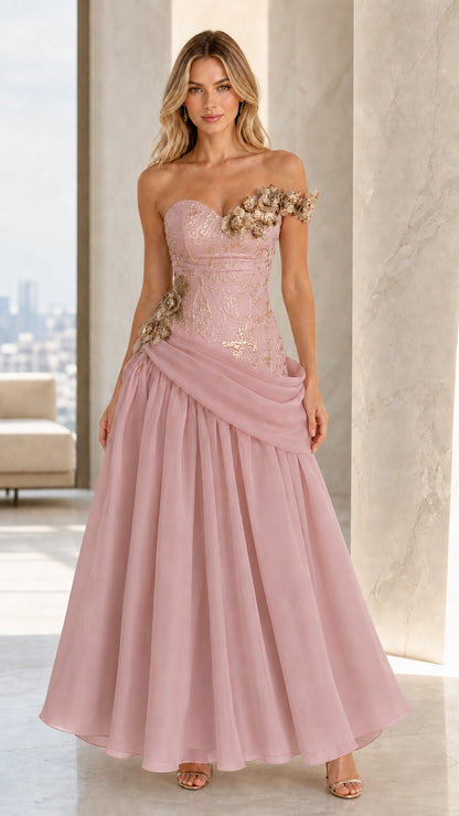 Front view of Dusty Rose floral appliqué corset evening gown with pleated chiffon skirt