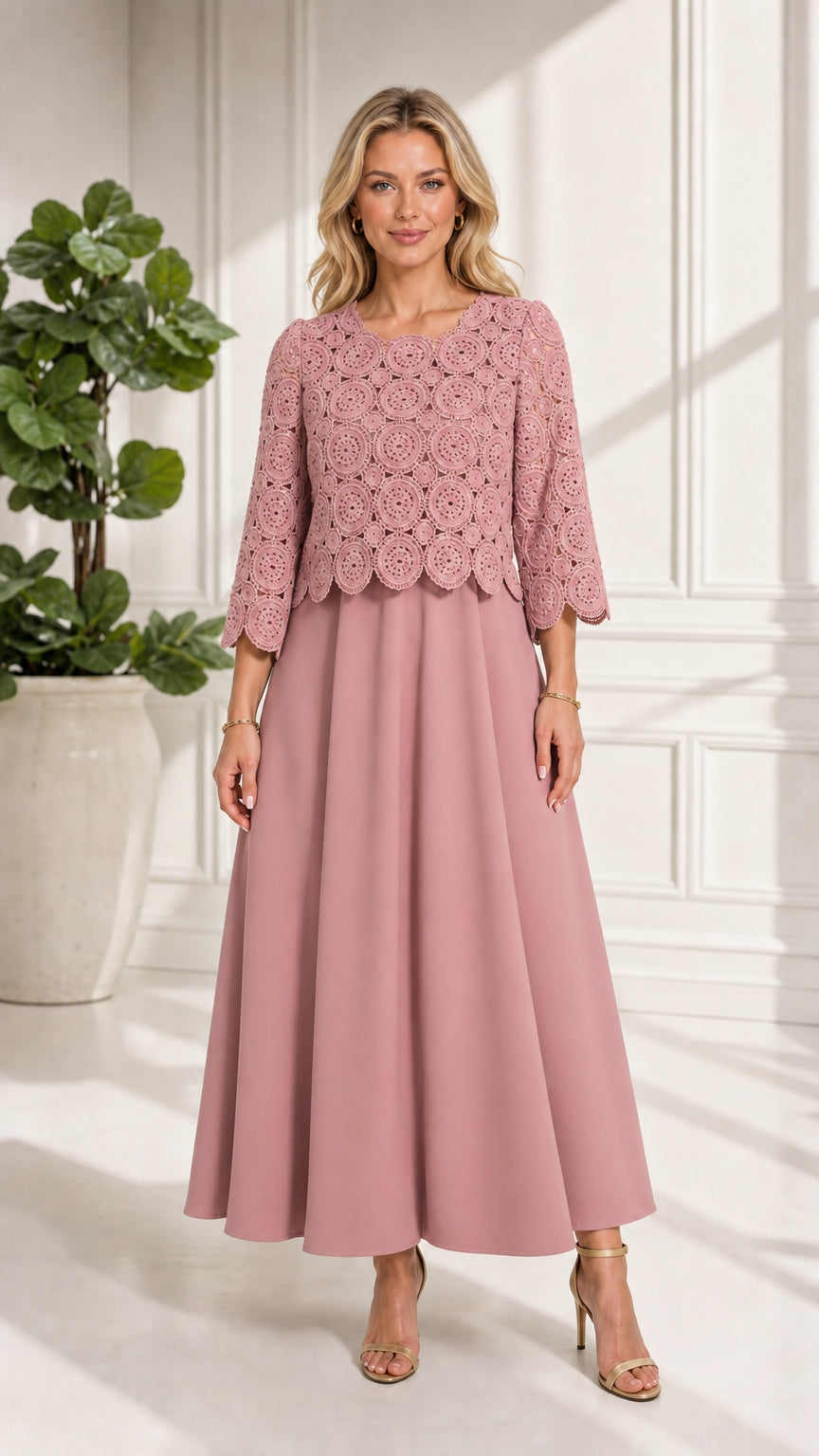 Full front view of dusty pink crochet lace overlay maxi dress