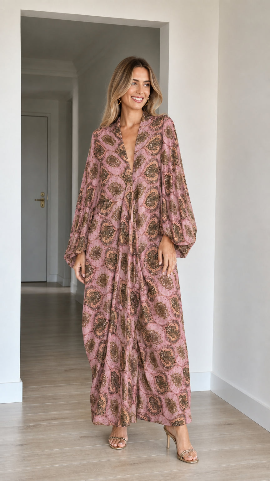Model wearing Dusty Rose pink paisley print maxi kaftan dress