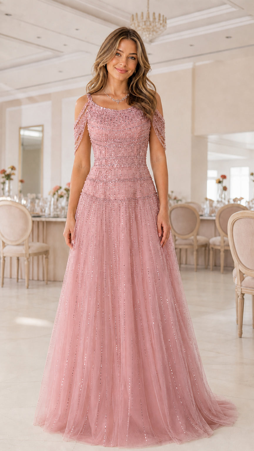 Full-length front view of model in dusty rose beaded tulle formal gown