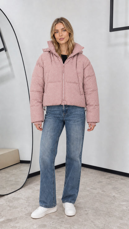 Full front view of dusty pink sparkle cropped hooded puffer coat