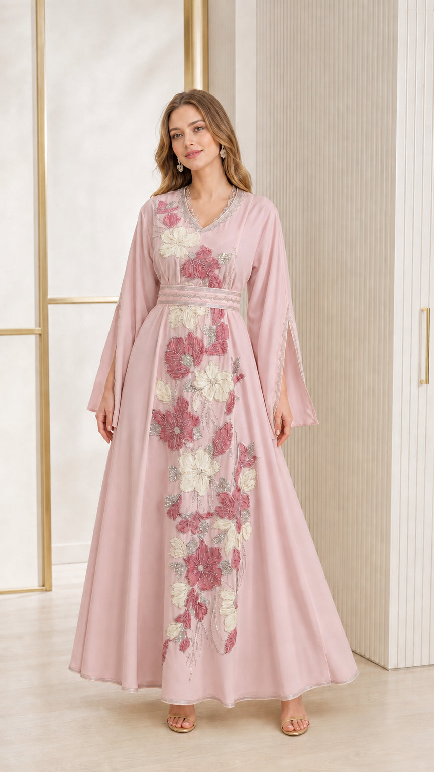 Blush Pink floral embroidered long sleeve kaftan dress front view