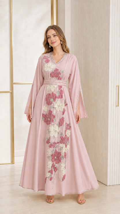 Blush Pink floral embroidered long sleeve kaftan dress front view