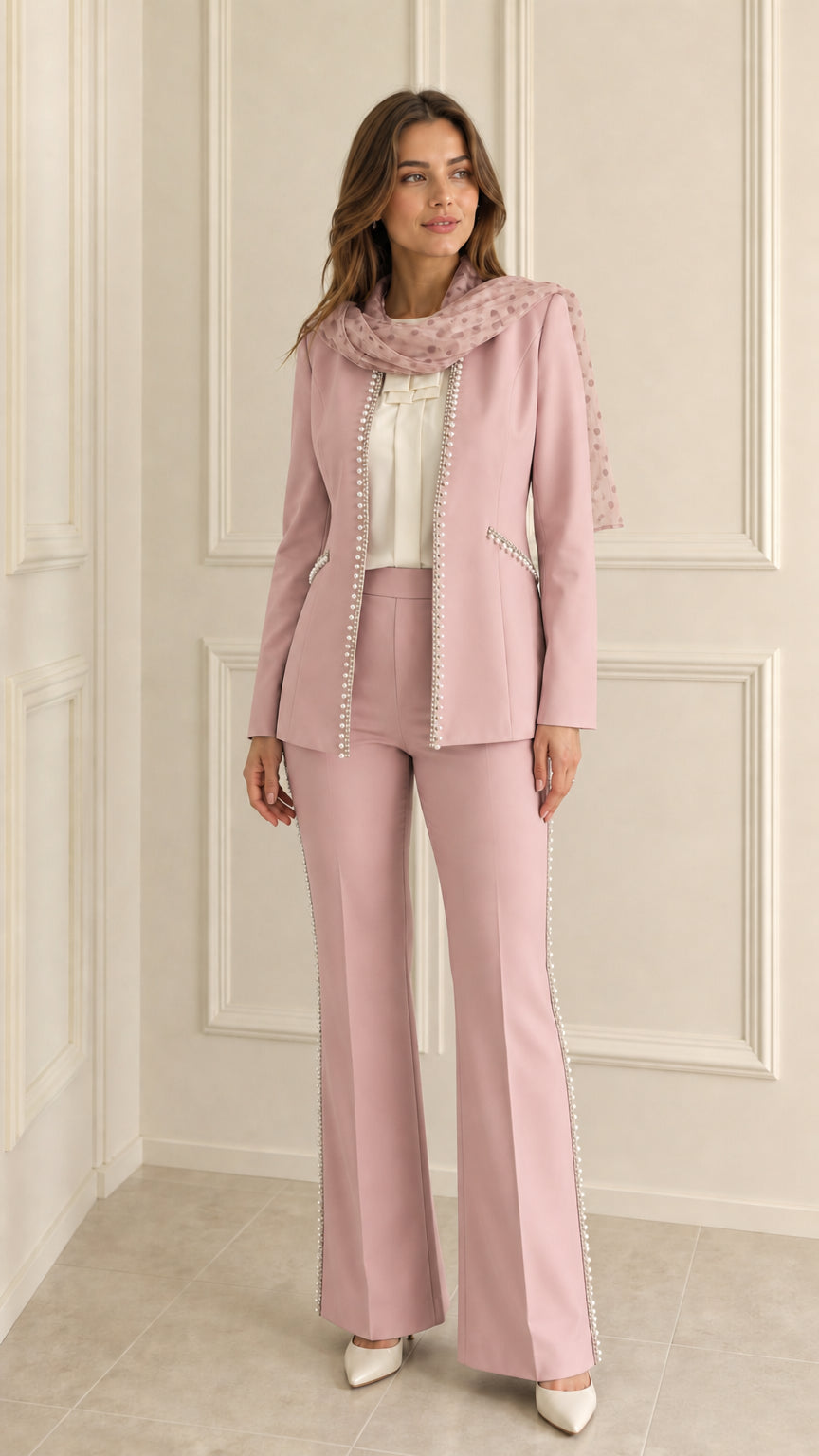 Blush Pink pearl trimmed tailored blazer and flared pantsuit