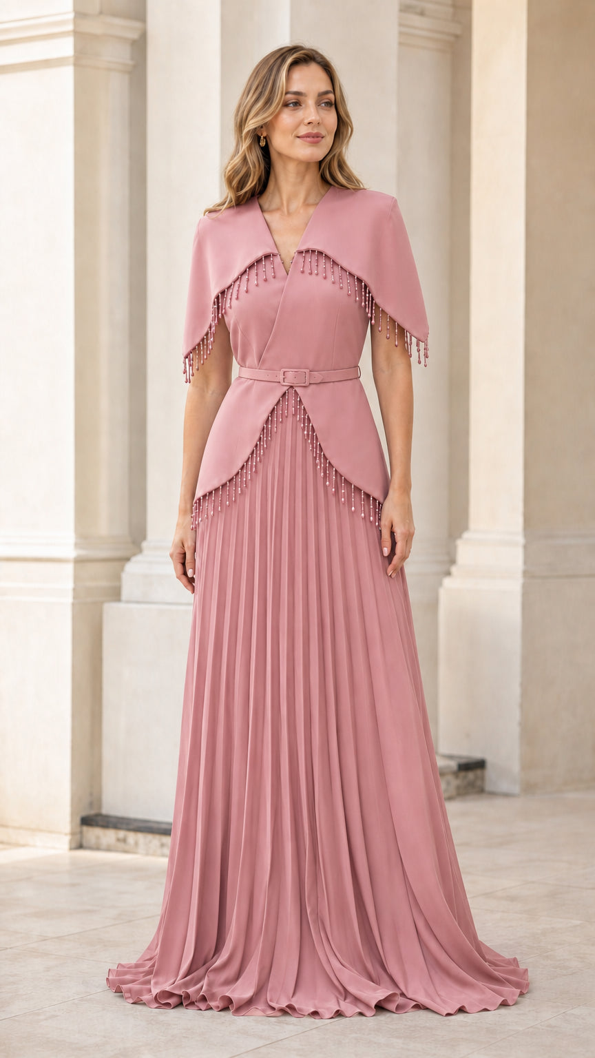 Dusty rose pink beaded capelet pleated maxi formal gown on model