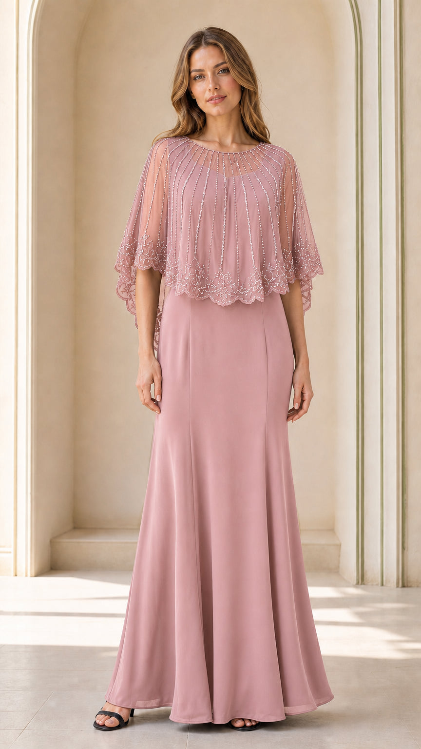 Full-length view of dusty rose pink beaded capelet maxi gown