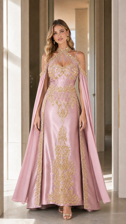 Blush pink evening dress with intricate gold embroidery and cape sleeves