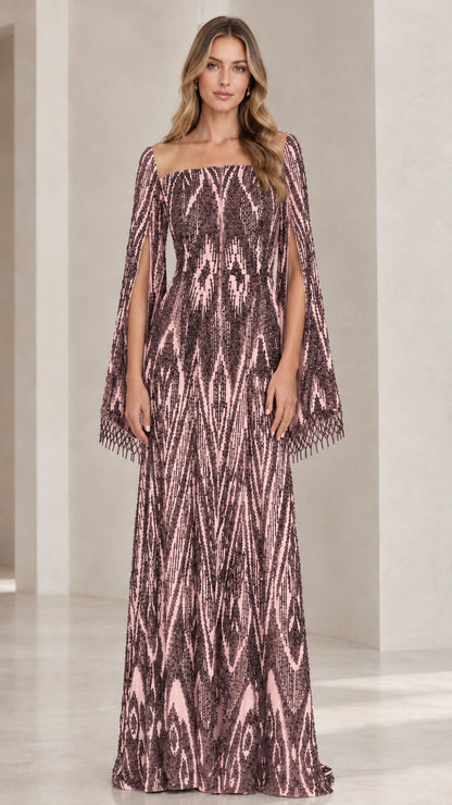 Mauve pink geometric sequin evening gown with split cape sleeves