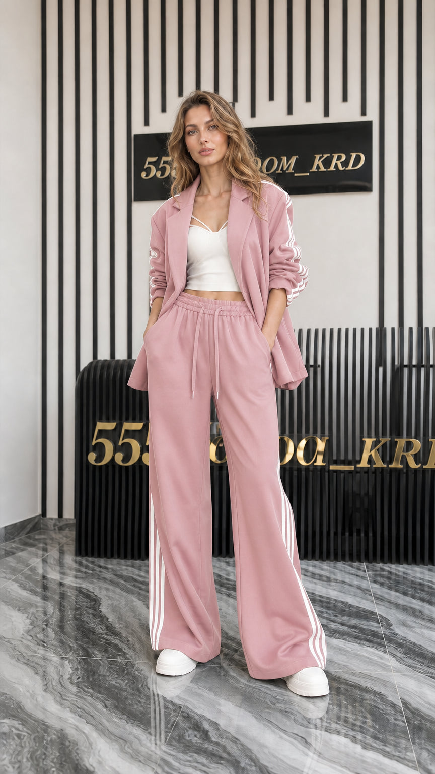 Full front view of women's dusty pink 2-piece blazer and track pant set
