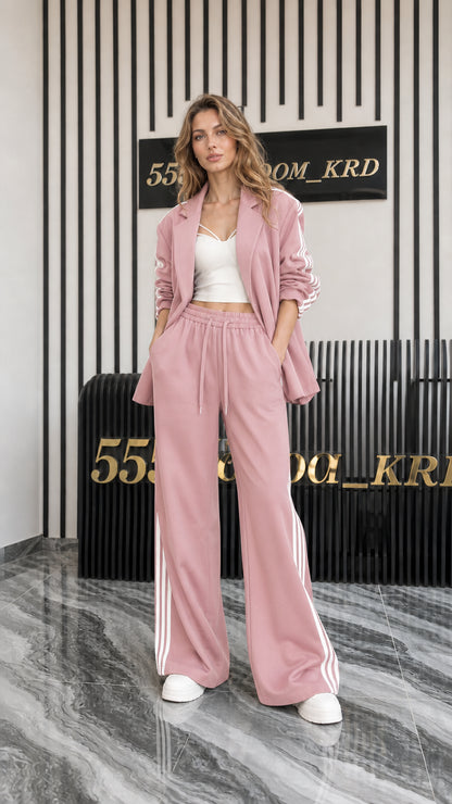 Full front view of women's dusty pink 2-piece blazer and track pant set
