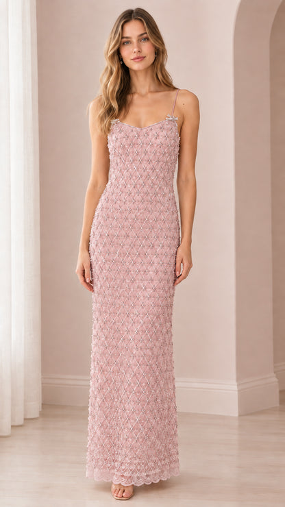 Dusty pink beaded formal evening gown on model