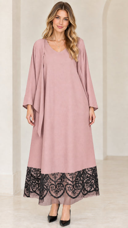 Dusty rose pink V-neck maxi dress with black lace hem and overlay