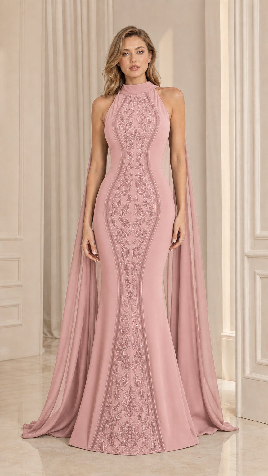 Dusty Pink high neck embroidered mermaid formal dress with long cape sleeves