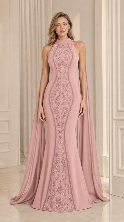 Dusty Pink high neck embroidered mermaid formal dress with long cape sleeves