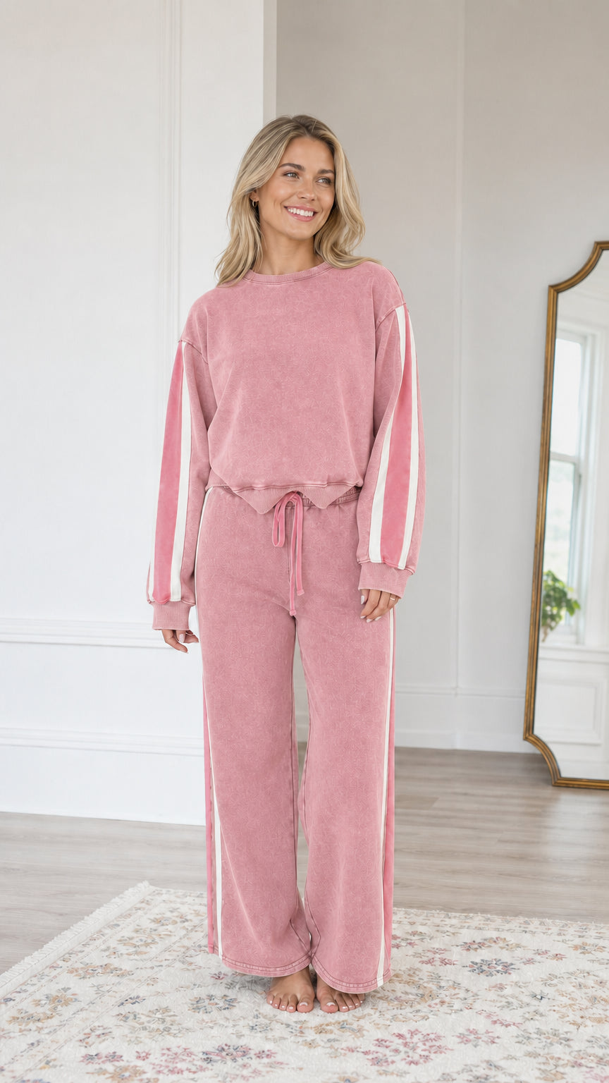 Front view of model wearing the Dusty Pink matching crewneck and wide-leg sweatpants set