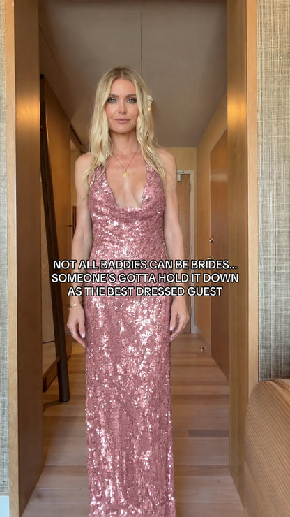 Front view of rose gold sequin cowl neck halter formal dress
