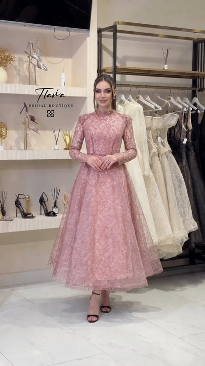 Dusty pink long sleeve lace tea length formal dress