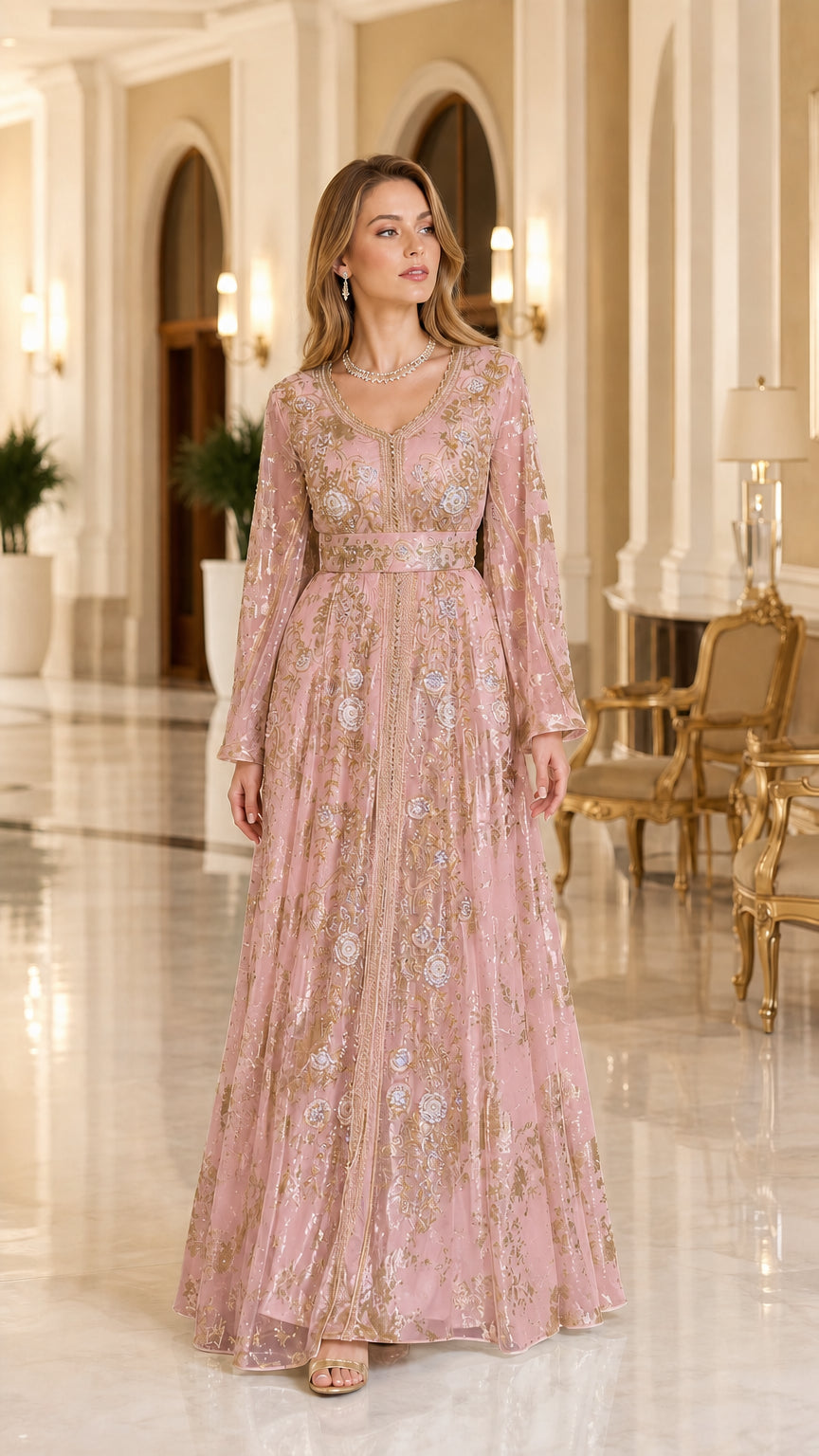 Model wearing blush pink and gold floral embroidered kaftan maxi dress with belt