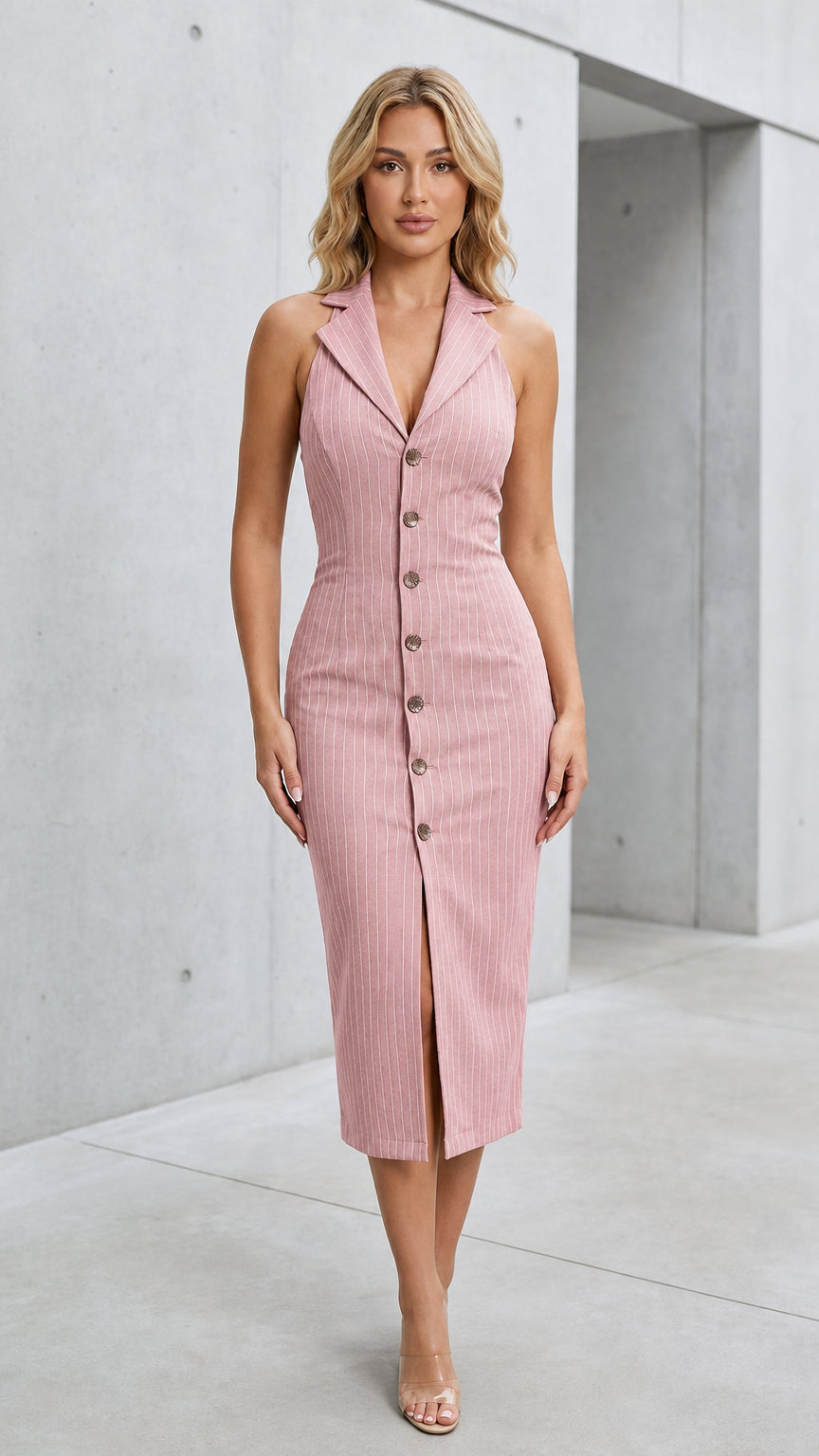 Front view of model wearing dusty pink pinstripe sleeveless vest midi dress